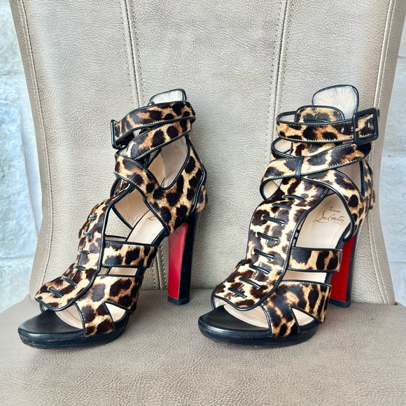 Christian loub Keny 120 Leopard Calf Hair Brown Black Gladiator Peep Toe 38 1/2 - Picture 3 of 16